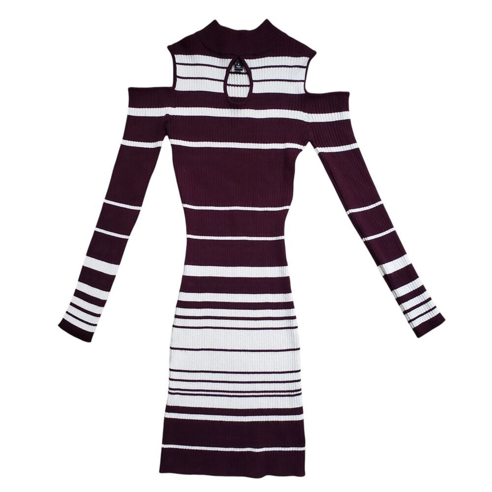 Say What Striped Dress Womens Small Burgundy Long Sleeve Ribbed Bodycon Y2K - Picture 2 of 10